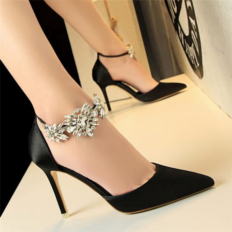 Size:4.5-8.5 Women Rhinestone Decoration Ankle Strap High Heels