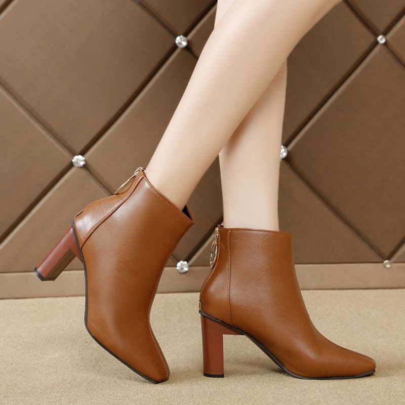 Women Elegant Square Toe Back Zipper Solid Color PU Chunky Heel Short Boots