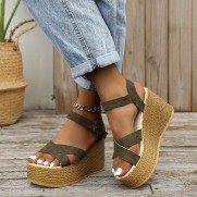 Women Fashion Casual Cross Design Straw Wedge Platform Sandals