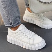 Women Fashion Round Toe Solid Color Pu Thick-Soled Lace-Up Low Top Sneakers