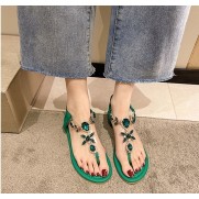 Women Fashion Casual Solid Color Rhinestone Round Toe Flat Thong Sandals