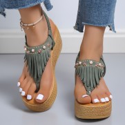 Summer Women Fashion Plus Size Vintage Tassel Platform Thong Sandals