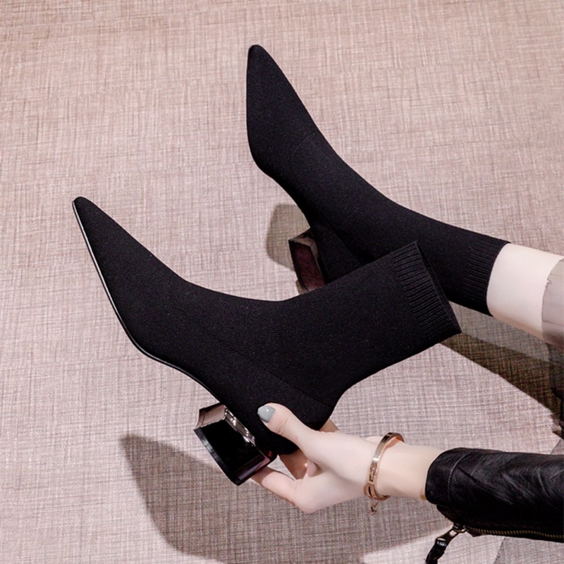 Women Fashion Solid Color Pointed Toe Knit Mid Heel Short Boots